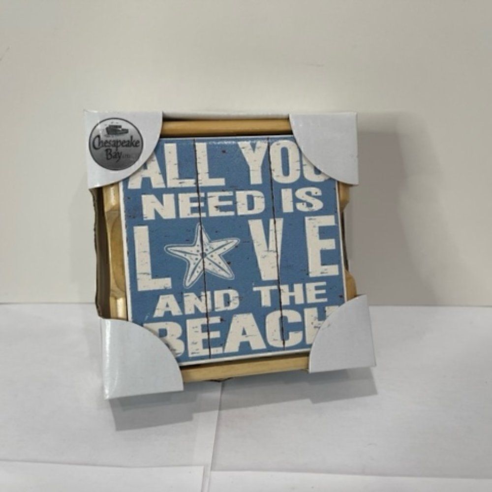 Chesapeake Bay Ltd. Beach Ocean Sea Blue Coasters Wooden Holder Set New New in B